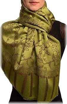 LissKiss Brown Large Paisley On Olive Green Pashmina Feel - Scarf